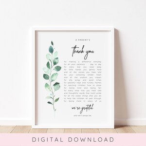 Regalo de agradecimiento para maestros, imprimible de agradecimiento para padres, carta de agradecimiento de fin de año para maestros, botánico, regalo para el Día del Maestro