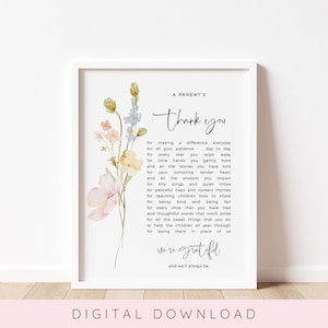 Poema de agradecimiento para padres, regalo de agradecimiento para maestros, tarjeta imprimible para el Día del Maestro, regalo de fin de año para maestros, regalo para maestros, floral