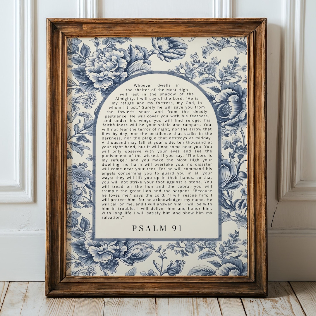 Vintage Style Christian Wall Art, Psalm 91, Blue Floral Bible Verse ...
