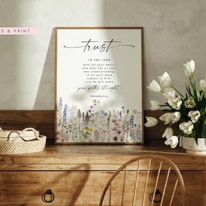 Proverbes 3:5-6 ayez confiance en le Seigneur de tout votre coeur art mural verset de la Bible, art mural chrétien, impression florale d'écriture sainte, signe de verset de la Bible image 3