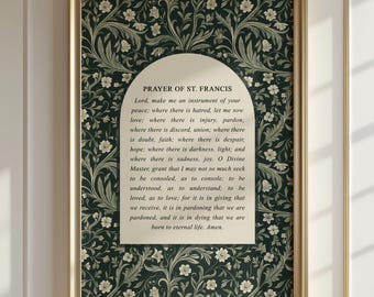 Prayer of St Francis Print, Green Catholic Wall Art, Christian Prayer Sign, Vintage Style, Religious Home Decor, Green Floral