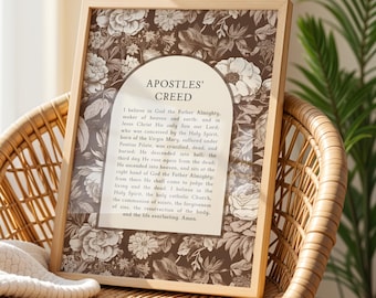 Impresión de oración católica, impresión floral marrón del Credo de los Apóstoles, arte cristiano de pared neutro, impresión de versículos bíblicos, letrero de escritura de estilo vintage