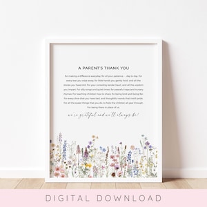 Poema de agradecimiento para padres, regalo de agradecimiento para maestros, tarjeta imprimible para el Día del Maestro, regalo de fin de año para maestros, regalo para maestros, floral