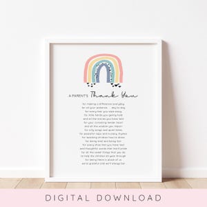 Regalo de agradecimiento para maestros, imprimible de agradecimiento para padres, carta de agradecimiento de fin de año para maestros, arcoíris, regalo para el Día del Maestro