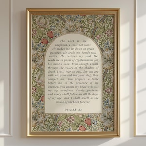 William Morris bibelverstryck, Psalm 23 bibelväggkonst, Herren är min herde, blommig kristen väggkonst, vintagestil, heminredning
