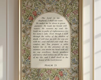 William Morris Bible Verse Print, Psalm 23 Scripture Wall Art, The Lord is my Shepherd, Floral Christian Wall Art, Vintage Style, Home Decor