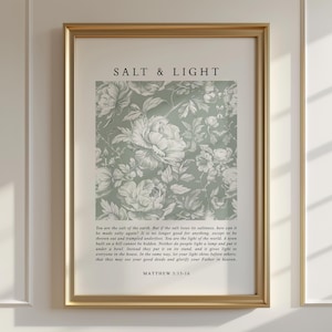 Matthew 5:13-16 Salt and Light Christian Wall Art, Bible Verse Print, Green Floral, Scripture Sign, Church Wall Art, Vintage Style