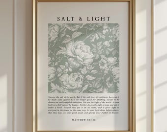 Mateo 5:13-16 Sal y Luz, Arte mural cristiano, Impresión de versículos bíblicos, Floral verde, Letrero bíblico, Arte mural para iglesia, Estilo vintage