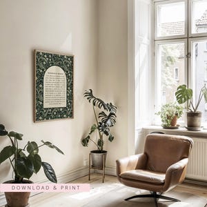May include: A framed print of the Prayer of St. Francis with a dark green floral border. The print is displayed in a room with a leather armchair, potted plants, and a window. The text "DOWNLOAD & PRINT" is at the bottom.