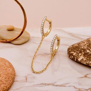 Trendy Minimalist Pave Ear Cuff Chain Earrings, Duo Chain, Dazzling Gold Diamond Hoop Dangles, Effortless Elegance Women's Jewellery.