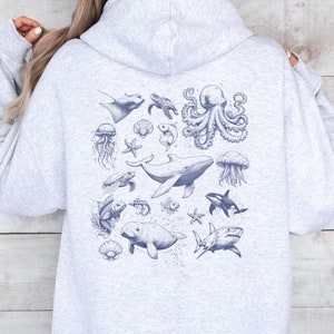 Underwater Sea Animal Vintage Hoodie | Gift For Marine Biologist/Ocean/Sealife/Nature Lover | Oceancore Humpback Orca Jellyfish Pullover