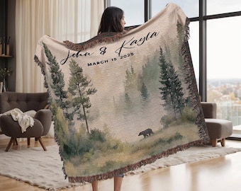 Outdoorsy Couple Blanket Nature Lovers Engagement Gift Adventure Couples Anniversary Personalized Mountain Woven Cotton Fringe Throw Blanket