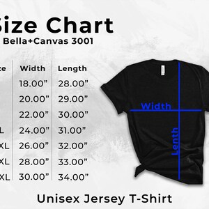 Puede incluir: Camiseta unisex negra de punto de jersey con una tabla de tallas. La tabla muestra medidas para las tallas S a 4XL, con anchos de 45,72 cm a 76,2 cm y largos de 71,12 cm a 86,36 cm. La camiseta es Bella+Canvas 3001.