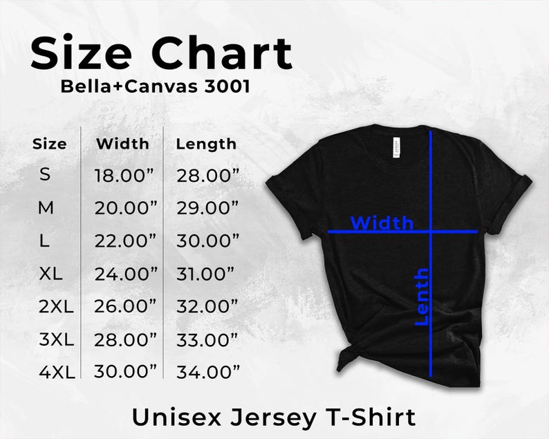 Puede incluir: Camiseta unisex negra de punto de jersey con una tabla de tallas. La tabla muestra medidas para las tallas S a 4XL, con anchos de 45,72 cm a 76,2 cm y largos de 71,12 cm a 86,36 cm. La camiseta es Bella+Canvas 3001.