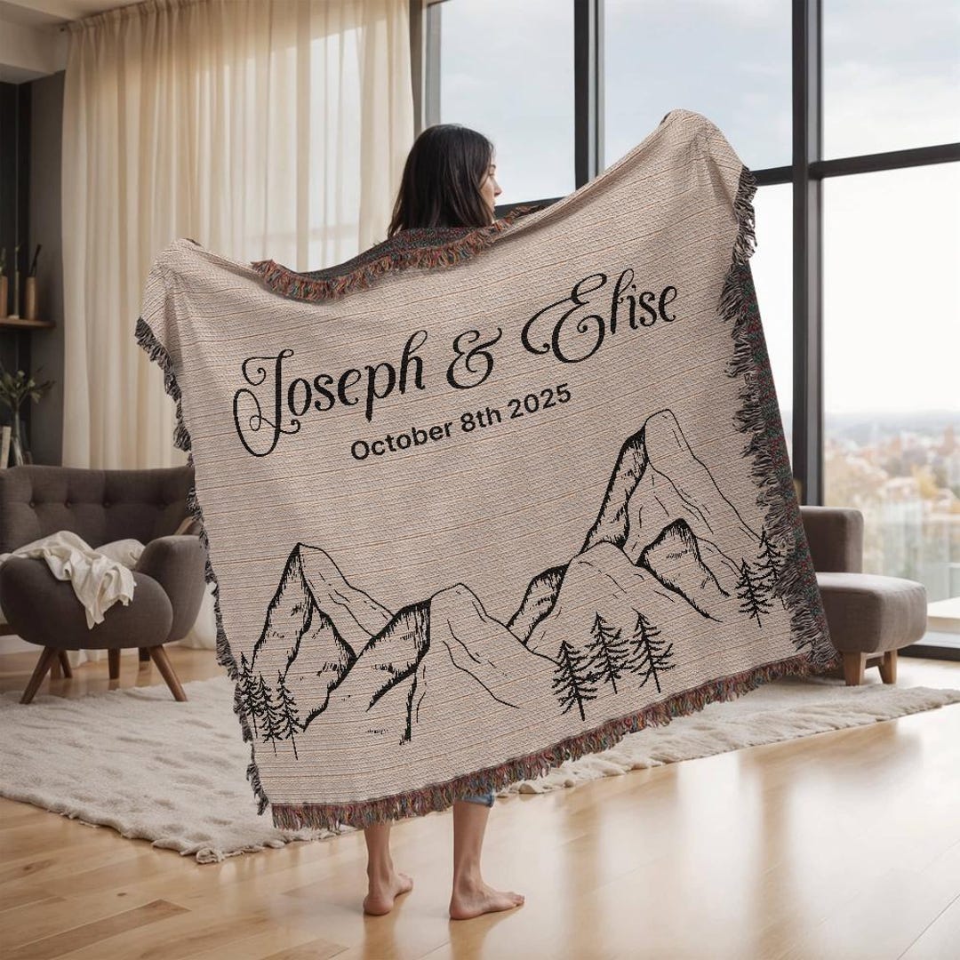 Personalized Mountain Throw Blanket, Nature Lovers Woven Cotton
