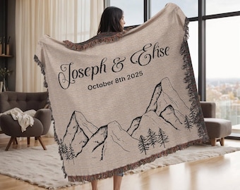 Personalized Mountain Throw Blanket, Nature Lovers Woven Cotton