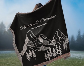 Outdoorsy Couple Blanket Nature Lovers Engagement Gift Adventure Couples Anniversary Personalized Mountain Woven Cotton Fringe Throw Blanket