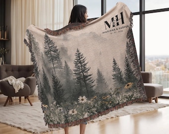 Outdoorsy Couple Blanket Nature Lovers Engagement Gift Adventure Couples Anniversary Personalized Mountain Woven Cotton Fringe Throw Blanket
