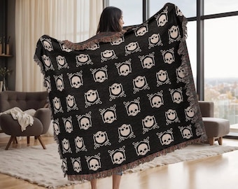 DnD Minimalist Skull Woven Throw Blanket,Goth Grunge Skull Blanket And Cotton Skull Woven Tapestry For Indie Decor And Pastel Goth Aesthetic