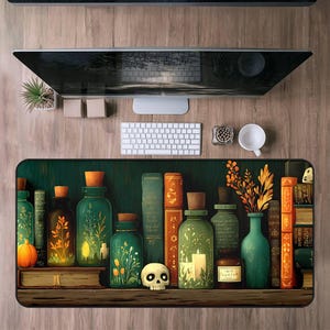 Wizard&#39;s Bookshelf Desk Mat, Vintage Fantasy Bookcase Desk Pad, Sorcerer&#39;s Library Mousepad,Witchy Potion Shop Desk Topper, Cottagecore gift