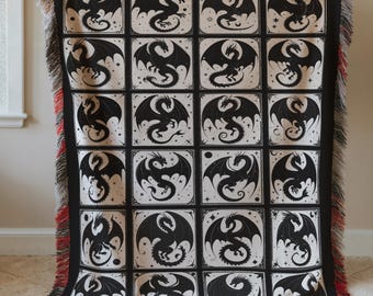 Medieval Aesthetic Dragon Blanket,Fairytale Inspired Nursery Decor Morris Styl,Cottagecore Fairycore Woven Throw Tapestry Botanical,DnD gift