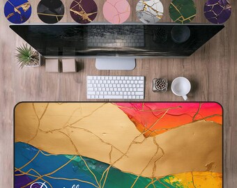 Tapis de souris personnalisé avec nom, grand tapis de bureau moderne avec nom personnalisé, tapis de jeu pour clavier coloré, décoration de bureau moderne, kintsugi