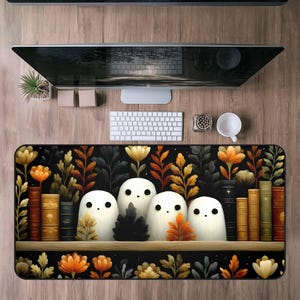 Halloween Desk Mat, Fall Bookshelf Desk Mat, Large Mouse Pad with Ghosts and Literature Design, Home Office Decor,Writer Gift,Witchy autumn