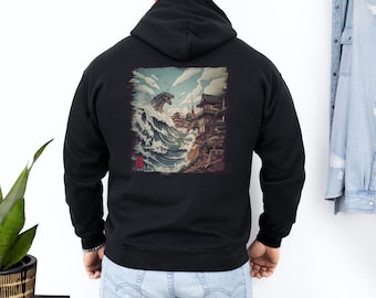 May include: Black hooded sweatshirt featuring a graphic print of a monster emerging from a wave in front of a Japanese temple.