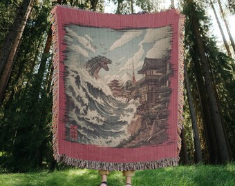Vintage Japanese Giant Monster Great Wave woven blanket, Monster and the Wave blanket Throw, King of the Monsters tapestry, Kaiju Blanket