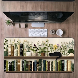Book Desk Mat Bookish, Floral Bookshelf Desk Mat, Large Mouse Pad with Botanical and Literature Design, Home Office Decor,Writer Gift,Witchy