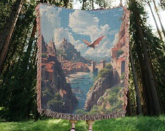 Medieval Dragon Blanket, Fantasy Dungeons and Dragon's Gift, Gothic Fairytale Inspired Decor, Dnd Woven Throw, Neverwinter, Baldur's gate