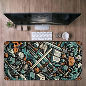 May include: Black desk mat with a fantasy RPG theme. The mat features illustrations of dragons, swords, dice, and other gaming elements in teal, orange, and white. The mat is rectangular and designed to fit under a computer and keyboard.