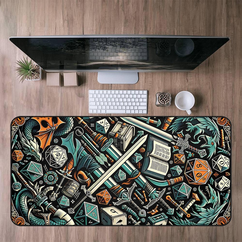 May include: Black desk mat with a fantasy RPG theme. The mat features illustrations of dragons, swords, dice, and other gaming elements in teal, orange, and white. The mat is rectangular and designed to fit under a computer and keyboard.