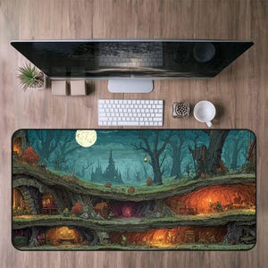 Puede incluir: Alfombrilla de ratón rectangular con un paisaje de fantasía que representa una luna llena, un bosque oscuro y un castillo. El diseño incluye múltiples niveles de viviendas con iluminación interior cálida. La paleta de colores incluye tonos de verde, marrón y naranja.