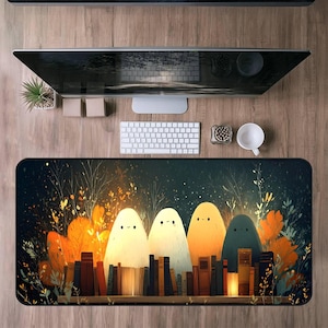 Halloween Desk Mat, Fall Bookshelf Desk Mat, Large Mouse Pad with Ghosts and Literature Design, Home Office Decor,Writer Gift,Witchy autumn