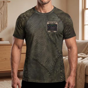 Puede incluir: Una camiseta de manga corta con un estampado texturizado en verde oliva que imita piel de trol cosida. En el pecho presenta una etiqueta gráfica rectangular con el texto Enchanted Trollskin Shirt of Pummeling y varios detalles de juego.