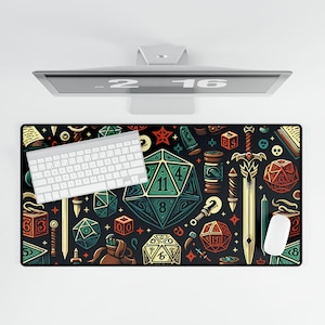 May include: A rectangular desk mat featuring a black background with a repeating pattern of colorful fantasy gaming elements, including various multi-sided dice, a large central twenty-sided die, swords, scrolls, and potions in shades of teal, red, and gold.