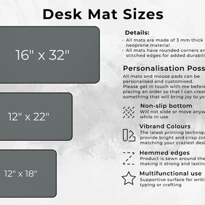 May include: Image showing three gray desk mats with dimensions: 16" x 32", 12" x 22", and 12" x 18". Text details include neoprene material, rounded corners, stitched edges, and non-slip bottoms. The mats are designed for writing, typing, or crafting.
