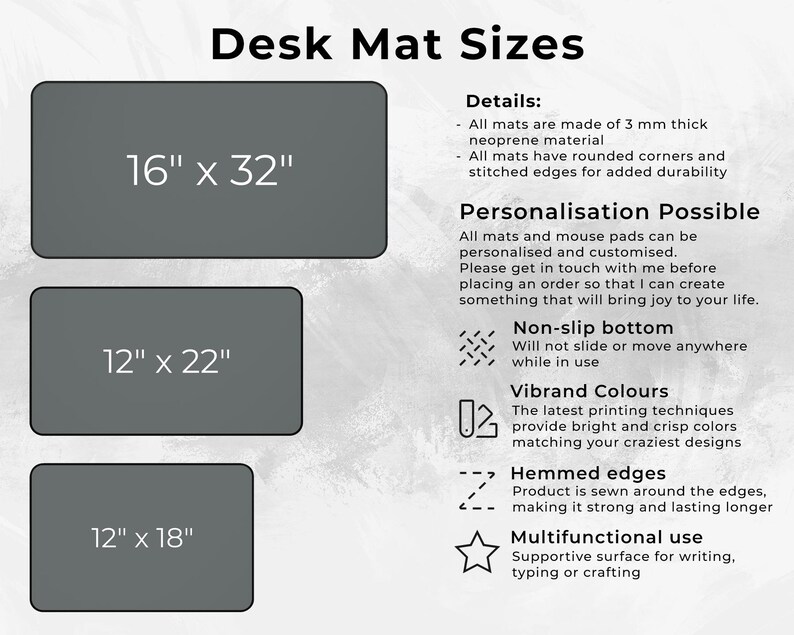 May include: Image showing three gray desk mats with dimensions: 16" x 32", 12" x 22", and 12" x 18". Text details include neoprene material, rounded corners, stitched edges, and non-slip bottoms. The mats are designed for writing, typing, or crafting.