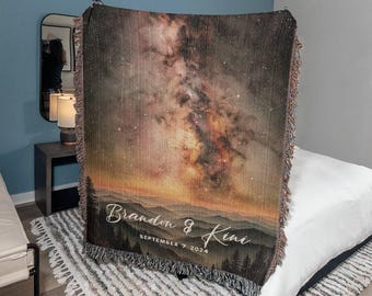 Outdoorsy Couple Blanket Nature Lovers Engagement Gift Adventure Couples Anniversary Personalized Mountain Woven Cotton Fringe Throw Blanket
