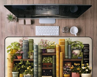 May include: A desk setup featuring a wooden desk mat with a bookshelf design filled with books and potted plants. A computer monitor, keyboard, and other desk accessories are also visible on the wooden surface.