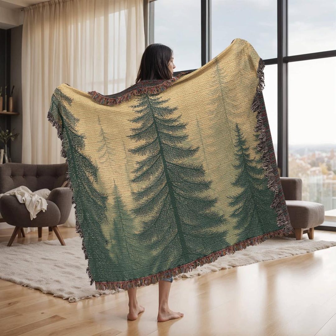 Forest Woven Blanket - Dark Green Forest Leaf Pattern Tapestry