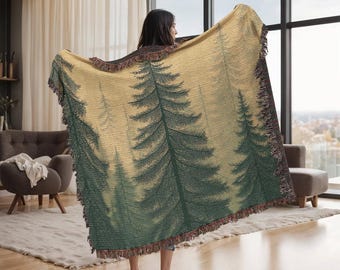 Forest Woven Blanket - Dark Green Forest Leaf Pattern Tapestry, 100% Cotton, Fringed Edges, Forestcore & Cottagecore Decor, Forestcore Gift