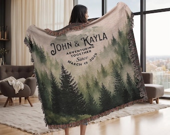 Outdoorsy Couple Blanket Nature Lovers Engagement Gift Adventure Couples Anniversary Personalized Mountain Woven Cotton Fringe Throw Blanket