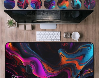 Tapis de souris personnalisé Liquid Neon 1, avec nom, grand bureau moderne avec nom personnalisé, clavier gaming coloré, décoration de bureau moderne