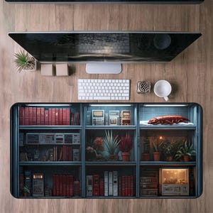 May include: A top-down view of a workspace featuring a computer monitor, keyboard, and a cabinet with shelves. The cabinet displays books, electronic devices, and plants. A red-orange creature rests on a shelf. The background is a wooden surface.