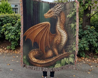 Coperta in cotone intrecciato con drago della foresta medievale, coperta matrimoniale, coperta grande, coperta per giocatori fantasy, regali D&D, regali TCG, amanti dei libri regalo