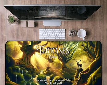 Tappetino da scrivania Throne of Glass, Sara J Maas, tappetino da scrivania personalizzato Terrasen, regalo per l'arredamento dell'ufficio libresco, grande tappetino da scrivania, tappetino per mouse verde