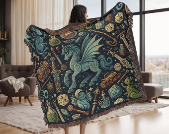 DND Woven BLANKET, Dungeons and Dragons blanket, d&d blanket, Dragon Blanket, Dnd Gifts, dnd bedding, Nerdy Blanket, Gaming blanket,pegasus