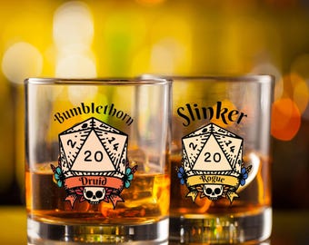 Personalized DnD Whiskey Glass with Name / class, Customizable Dungeons and Dragons Class Rocks Glass D&D Gifts dice Custom Gifts groomsman